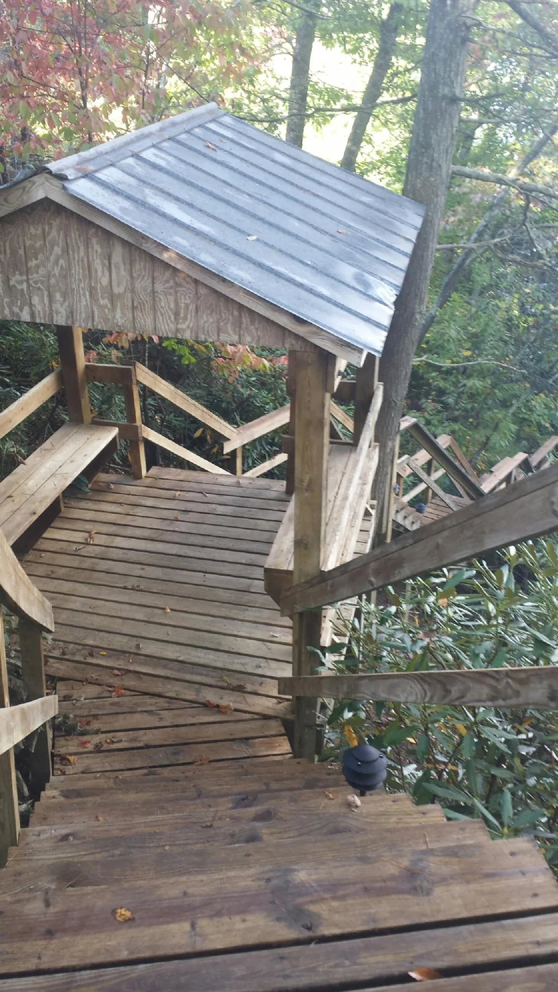 Metal roofed shelter over wooden steps on a wooded walkway — Skylight Repair & Installation work by our crew in Weldon